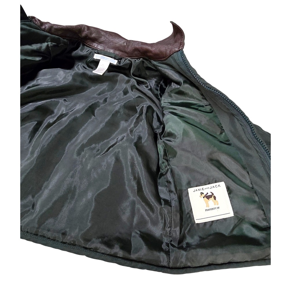 Janie and Jack 12-24 Months Green Quilted Field Jacket Faux Brown Leather Collar - Picture 3 of 4